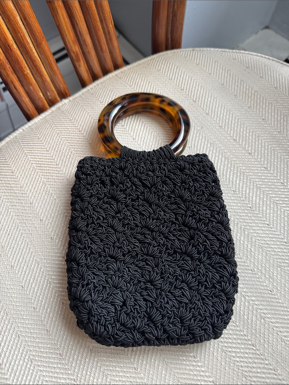 Vintage Gun-MarieNilsson Black Crochet Handbag with Tortoise shell Handle